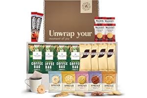 A AMOUSA Coffee Gift Set - This Coffee Hamper Includes 24x Items, featuring Taylors, Latte & Cappuccino Sachets, Border Biscuits & Walkers Shortbread.