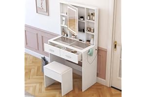 Karl home White Dressing Table with LED Mirror and Stool Set, Vanity Table w/Jewelry Hook & Charging Socket, Transparent Glass Tabletop Makeup Desk with 2 Drawers & Shelves for Bedroom Organiser