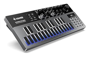 Analog bassynthesizer och sekvenserare, Donner B1-kontroll med 128 mönster, mättnads- och fördröjningseffekter, LED-display och MIDI IN/UT