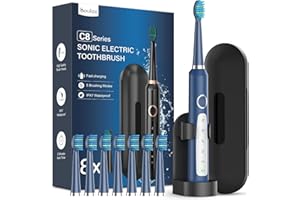 COULAX PRO Cepillos de Dientes Electricos Sónico con 8 Cabezal - Cepillo Electrico Adultos con Estuche, 5 Modos y IPX7, Cepillos de Dientes Eléctricos Ultrasónicos para Mujer Hombres, Azul Marino