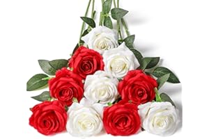Floralsecret 12 Pcs Artificial Silk Roses Flower Bouquet Faux Flowers Home Wedding Party Decor(White,Red)