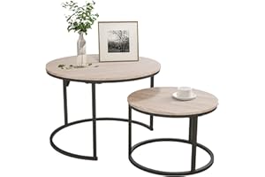 HOJINLINERO Black Round Coffee Table Set of 2 Side/ End Table for Living Room, Bedroom Decorations, Industrial Stacking Wood Look Accent Furniture with Metal Frame, Black+Teak OAK