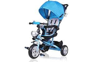 Spielwerk® Children's Blue Tricycle With Safety Belt | Push Rod | Detachable Adjustable Footrest | Roof | Removable Basket | Bicycle Trike Bike Stroller Childs Kids Toddlers Baby