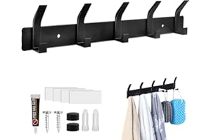 WUGU Garderobenhaken Hakenleiste, Rostfrei Kleiderhaken mit 5 Doppelhaken, Schwarz Matt Mondern Wandgarderobe, ohne bohren Wandhaken für Waschraum, Schlafzimmer, Badezimmer, Küche.