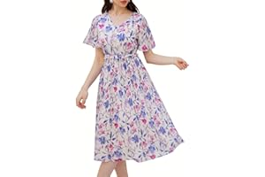 GRACE KARIN Femme Robe Florale à Manches Courtes Évasées Robe Midi Plissée V-Col Casual et Chic Robe Trapèze Doublée