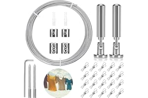 Tiusixsy 5m Juego de Barra de Alambre para la Pared, con 20 Piezas Clips de Gancho de Acero Inoxidable, Wire Mesh Tension Curtain Wall Mount Photo Photo Curtain Wire para Colgar Fotos, Cortinas, ropa