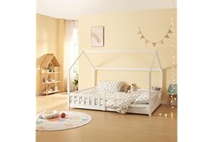 [en.casa] Letto per Cameretta Lettino a Forma di Casetta con Sbarre Letto Piazza e Mezza per Bambini Struttura in Legno di Pino 120 x 200 cm Bianco