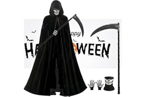 ARDFFA Sensenmann Kostüm 4-teilig mit Sense & Maske - Schwarzer Umhang mit Kapuze für Erwachsene, Herren, Damen & Jugendliche | Perfekt für Halloween, Horror Party, Karneval, Cosplay und Mottoparty