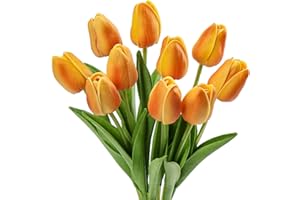 ‎HOLLYONE 10 pcs Künstliche Blumen Tulpen, Decor Kunstblumen sehr echt, Plastikblumen Tulpen PU Latex real Touch, Gefälschte Blumen Tulpen Orange für Hochzeitszimmer Decor Wohnzimmer Büro Hotel Küche Decor