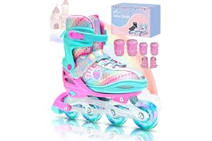 Pattini in linea per bambini 30-41, regolabili, Sportneer in linea con 6 protezioni per bambini, ragazze, donne, 8 LED in linea per bambini, serie arcobaleno