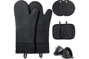Silicone Oven Gloves Heat Resistant - Funnydin Black Silicone Oven Mitts Heat Resistant - Premium Non-Slip Design Kitchen Gloves, Include Cooking Potholder and Air Fryer Oven Gloves