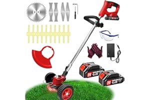 FISIYINDZ DéBroussailleuse à Batterie Electrique sans Fil 21V 2.0Ah Coupe Bordure avec 2 Batterie et Chargeur Rapide Taille Bordure avec Roues Trois Types De Lames,légères et à Faible Bruit,pour Jardin Élagage
