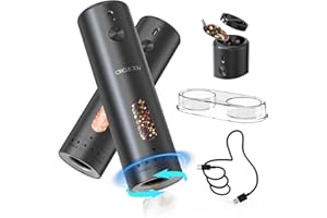 CIRCLE JOY Juego de Molinillos de Pimienta Eléctricos Recargables Molinillos de Especias con Base, Recipiente de 110ml, Luz LED Blanca y Rugosidad Externa Ajustable, Negro