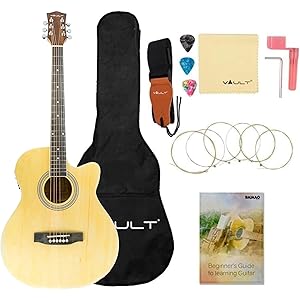 VAULT Basswood EA20CE Electro Acoustic Guitar Kit With Learn To Play E-Book, Bag, Strings, Straps, Picks, String Winder & Polishing Cloth - 40 Inch Cutaway Guitar