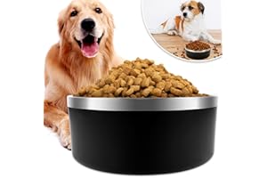 IKITCHEN Dog Bowl for Food and Water, 40 Oz Stainless Steel Pet Feeding Bowl, Durable Non-Skid Double Wall Insulated Heavy Duty with Rubber Bottom for Medium Large Sized Dogs (40 Ounces/5 Cup, Black)