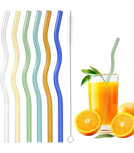 8 Paille En Verre Reutilisable,200cm Incurvé Coloré Transparentes Pailles, Verre De 2mm D'épaisseur Paille Et 2 Brosses De Nettoyage,Pour Smoothie, Cocktail, Jus,Passe Au Lave-vaisselle
