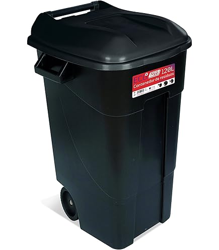 IMJ-Global - Afvalemmer voor buiten, 240 l, kunststof, PN-EN 840, container voor afval en recycling met wielen en mechanisch koppelingssysteem, voor commerciële activiteiten (bruin