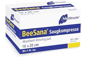 Meditrade BeeSana Saugkompresse – steril, hohe Flüssigkeitsaufnahme, hydrophobe Sperrschicht, wundfreundlich, einzeln eingesiegelt - 10 x 20 cm - 30 x 1 Stück