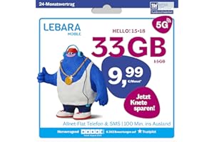 LEBARA Handytarif Hello! 15+18 | 33 GB Datenvolumen | 9,99€ mtl. | 5G mit bis zu 50 Mbit/s | Allnet-Flat Telefonie & SMS Deutschland inkl. EU-Roaming | 100 Auslandsminuten