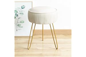 LUE BONA Pleated Vanity stool, Velvet Round Dressing Table Stool, Footrest Ottoman with Golden Steel Legs for Living Room, Bedroom, White