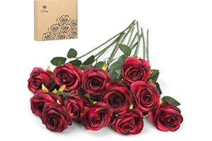 Woltoy 12 Pièces Roses Artificielles Rouges, Bouquet Artificielle Fleurs Naturelles et Réelles, Diamètre de Fausses Fleurs Roses 10 cm pour Bouquets de Mariée, Home, Mariages, Office, Fête