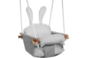 Tulano Hop 33 Grey | Baby Schaukel Hängesitz Indoor & Outdoor | Ab 6 Monaten | Mit Sicherheitsgurt & Kissen | Bis 60 kg belastbar | Baumwollgewebe & Buchenholz | Einfache Montage | Grau