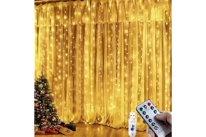 POIFL Cortina de Luces 300 LED, 3M x 3M Luces Cortina Navidad con Control Remoto, 8 Modos & Momento, Impermeable USB luz de Cortina par Dormitorio, Ventana, Fiesta, Boda, Navidad (Blanco Cálido)