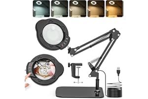 Jubor Améliorée Lampe de Bureau Loupe, 15X 10X LED Loupe avec Lumière, Lampe de Bureau avec Base et 5 Modes de Couleurs Réglables pour Lecture, Réparation, Artisanat