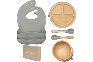 Yum Yum's Set of 6, Baby Feeding Set, Baby Plates with Suction, Bamboo Plates, Baby Bowl & Wooden Spoons | Baby Weaning Set, Suction Bowl and Baby Plate,Baby weaning Bibs, Bamboo Weaning Set for Kids