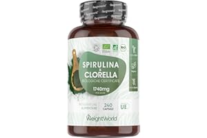 WEIGHTWORLD Spirulina e Clorella Biologiche Certificate, 240 Capsule Vegane, Alga Spirulina Bio, Clorella Bio Superfood, Dose da 1740mg per Capsula, Integratore Privo di Glutine e Senza OGM, Prodotto in Europa