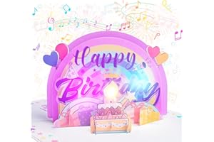 ABSOFINE Papierowa kartka Pop Up, muzyczna kartka urodzinowa 3D, dmuchana świeca, kartka z życzeniami urodzinowymi z kartką z wiadomością i kopertą (różowa)