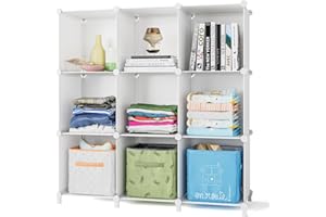 FUNLAX 9 Cube Bookcase Bookshelf Portable Bathroom Storage Plastic Cube Organiser Stackable Cube Shelving Unit for Clothes Books Toys Yarn Shoes