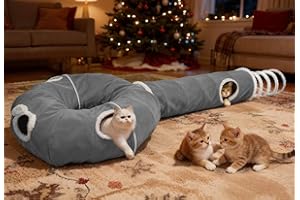 Ownpets Foldable Cat Tunnel with Spring Tail, 245cm Cat Tunnel with Bed, 3-Section Pet Play Tube with 4 Setups for Cats Rabbits Ferrets, Grey