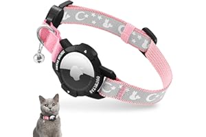 VEYALISE Reflektierend Airtag Katzenhalsband mit Sicherheitsverschluss und Glöckchen, Verstellbar Halsband Katze mit Apple Airtag Hülle (Rosa, Katzen und Welpen 23-33cm)