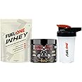 FUELONE Whey Protein (Rich Chocolate, 1kg / 2.2lbs) | 24g Protein & Dead-Lift Pre Workout (Deadly Fruit, 100g) with Sports Shaker (White & Black, 500ml)