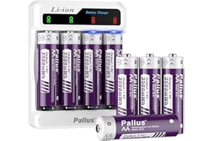 PALLUS Rechargeable AA Lithium Batteries, 3500mWh Large Capacity 8 Pack, 1500+ Cycles with Voice Smart Charger for Digital Cameras, Toys, Remote Controls, Game Consoles