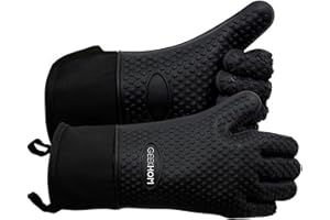 GEEKHOM BBQ Gloves X-Large, Heat Resistant Kitchen Silicone Oven Mitts, Waterproof Oven Gloves, BBQ Grill Accessories for Baking, Fryer, Smoker, Weber, Pizza, Microwave, Non-Slip, Black