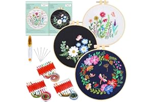 Pllieay Kit Ricamo Starter con 3 motivi e istruzioni, Set da Ricamo per Principianti, include 3 Telaio Ricamo in plastica, fili colorati e strumenti