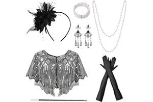 Dongcill 20er Jahre Kostüm Damen, 8-teiliges Great Gatsby Accessoires, 1920er Jahre Kleid Zubehör Set mit Kopfbedeckung Handschuhen Halskette Armband Ohrringen für Karneval Halloween