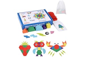 LEAZZLE Tangram Kinder Geometrische Formen HolzPuzzles,210 Teilig Holzpuzzle Holzmusterblöcke Farbige,Montessori Spielzeug klassisches Lernspielzeug mit 30 Stück Designkarten Aufbewahrungstasche Geschenk