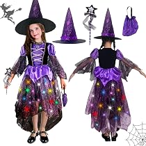 Lunovrans Hexenkostüm Kinder 4-teilig – Elegantes Hexe Kleid Mit Hut, Tasche Und Zauberstab Für Mädchen