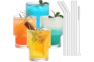 ALINK Lot de 4 verres à eau nervurés de 200 ml avec pailles en verre, tasses à thé glacé, café glacé, verre strié pour cocktail, whisky, bière