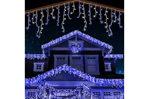 ANSIO® Outdoor Christmas Lights 320 LED 11m/35ft Icicle Lights Outdoor & Indoor Cool White & Blue Decorations String Fairy Outside Lights with Timer for Xmas Garden Bedroom & Party | Mains White Cable
