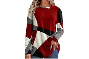 DAILYLIVE AMhomely Women Tops and Blouse, Vintage Round Neck Buttons Geometric Contrast Color Long Sleeve T-Shirt Top Loose Sweatshirts UK Size for Christmas Jumper Thanksgiving Valentine's Day, Red 1, L