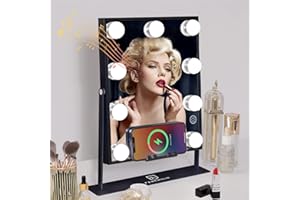 FENCHILIN Hollywood Mirror with Wireless Charging Music Speaker Vanity Mirror with Lights 3 Colors 9 Dimmable LED Bulbs, Touch Screen, Detachable 10X Magnification (Black)