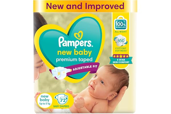 Pampers Active Baby Tape Style Baby Diapers, Newborn/Extra Small (NB/XS) Size, 72 Count, Adjustable Fit with 5 star skin protection, Up to 5kg Diapers
