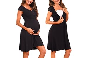 Nieery Maternity Nursing Nightdress Button Down Maternity Nightwear Short Sleeve Lace Cotton Breastfeeding Nightie Loungewear V Neck Pyjamas Nightshirt for Pregnant