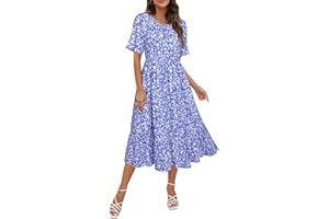 STYLEWORD Women Summer Dress Floral Short Sleeve Ladies Casual Swing Midi Dress with Pockets