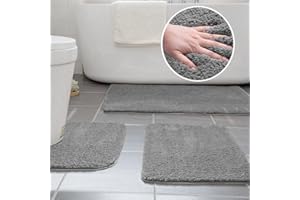 Ceneco Bath Mat Sets 3 Piece Non-slip Microfiber Bathroom Washable Water Absorbent Toilet Mat, Extra Soft Bath Rug, Bathtub Rug(Grey，50 * 80+50 * 60+U40*50 cm)