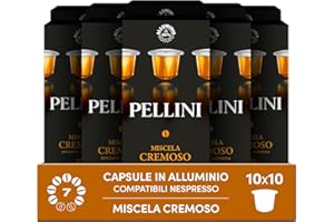 Pellini Cremoso, 100 Capsule in Alluminio Compatibili Nespresso, Miscela di Caffè Arabica e Robusta dal Gusto Avvolgente, Speziato con Note di Caramello e Nocciola, 10 Confezioni da 10 Capsule